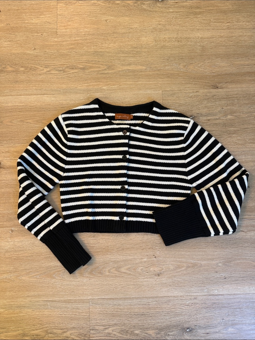 Beige By Tamy Striped Black and White Cropped Cardigan Sweater Small